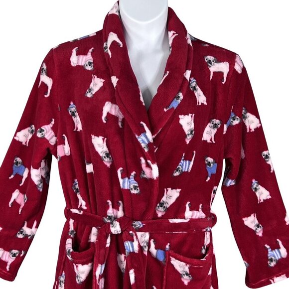Dearfoams NWT L/XL Fleece Kimono Robe Pug Dog Print Snuggly Buddy Cozy Lounge - Picture 7 of 15